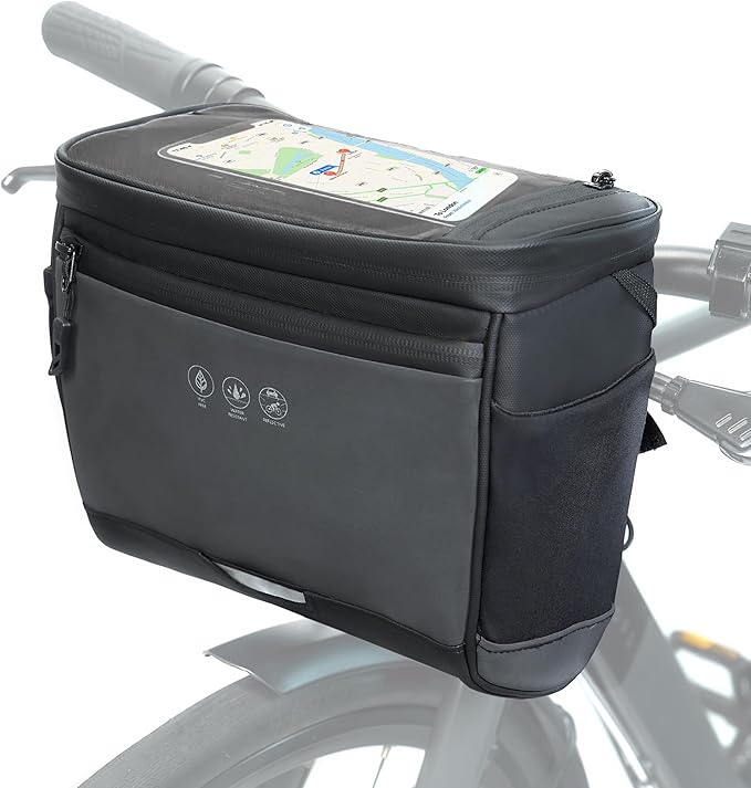 Bike Handlebar Bag with Rain Cover, Bicycle Front Phone Bag with Touch Screen, Adjustable Shoulder Waterproof Dual Zippers Insulated Basket Bag for Mountain Road Bike, Cycling Accessories