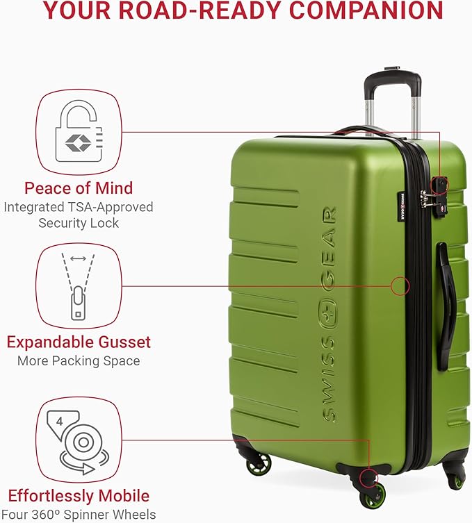 SwissGear 7366 Signature Hardside Expandable Luggage with Spinner Wheels, TSA Lock, Green, Checked-Medium 23-Inch