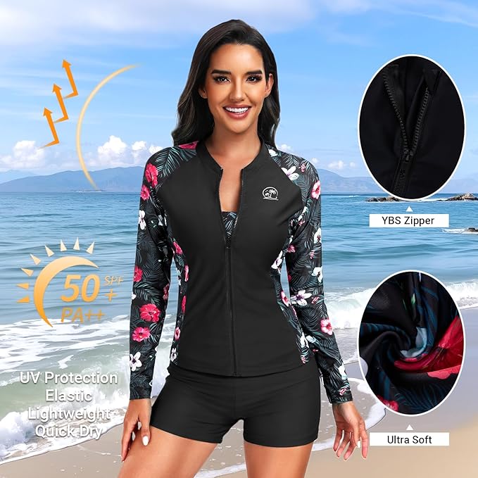 Holipick Long Sleeve Swimsuits for Women - 3 Piece Rash Guard with Shorts Zipper SPF Swim Shirt with Built in Bra