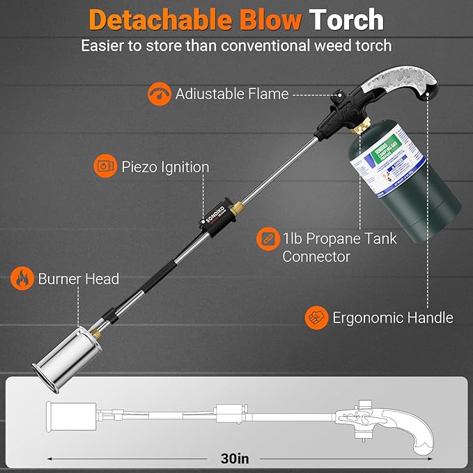 Sondiko Propane Torch Weed Burner, High Output Weed Torch Flamethrower, 30" Detachable Long Arm Heavy Duty Blow Torch For Garden, Wood, Ice, Snow, Melting(PROPANE TANK NOT INCLUDED)