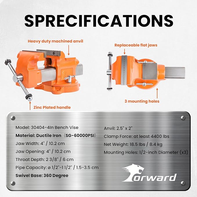 Forward 30404 4 Inch Bench Vise Heavy Duty with Anvil and 360° Swivel Base