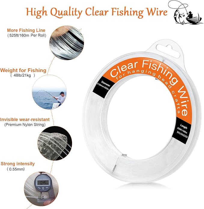 Clear Fishing Line Wire 755 ft, Invisible Monofilament Fishing Line Wire, Nylon String for Hanging Balloons Garland Crafts Picture Decorations, Clear String Threads Cords WUINOID