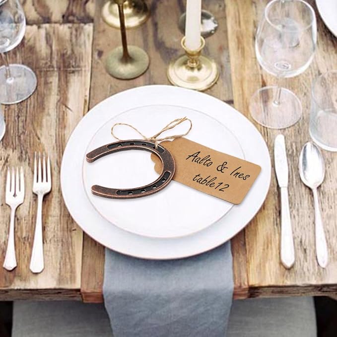 AerWo 20pcs Good Lucky Horse Shoes with Kraft Tag, Metal Mini Craft Horseshoes Decorations for Rustic Vintage Wedding Party Decor Western Party Decorations