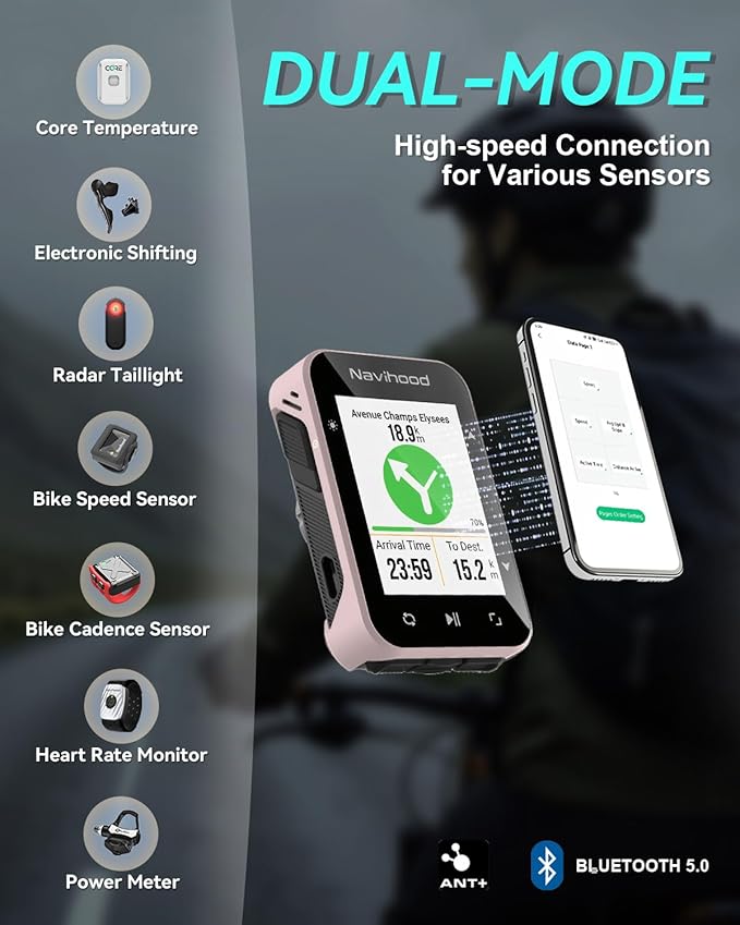 L2 GPS Bike Computer, 2" Color LCD Wireless Cycling Computer,Bike Speedometer Bluetooth ANT+, IPX7 Waterproof, Auto Backlight, Supports HR/Cadence/Power Sensors