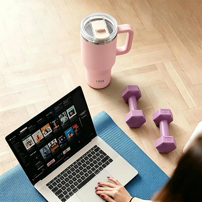 TYESO Vacuum Insulated Tumbler Water Bottle Cold Insulation Stainless Steel Bottle Straw Handle Mug Double Wall Wide Mouth (PINK, 40 oz)