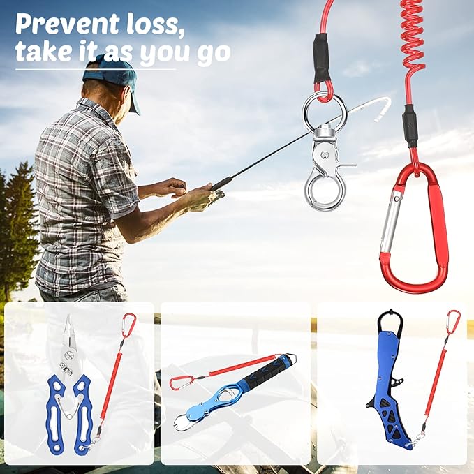 Woanger 6 Pack Fishing Lanyard Steel Wire Coiled Lanyard Tool Lanyards for Hand Tools Kayak Retractable Tool Leash Fishing Rod Safety Lanyards Gear with Alloy Clips for Pliers Boating