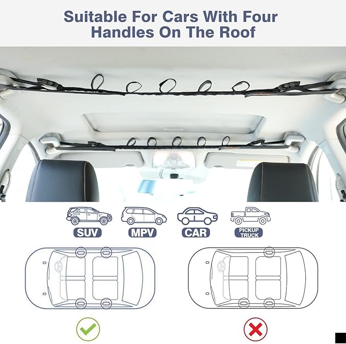 2 Pack Vehicle Fishing Rod Holder - Fishing Pole Car Rack 5 Rods Capacity, Adjustable 30 to 54 Inches Horizontal Roof Storage Carrier Belt for SUV, Truck and Van, Black