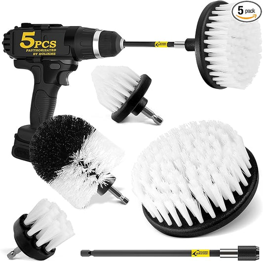 Holikme 5Pack Drill Brush Attachment Set-Car Interior Detailing Kit，Power Scrubber Brush Extended Long Attachment for Bathroom, Car，Shower，Carpet,Boat,Kitchen，Floor and Tile，White