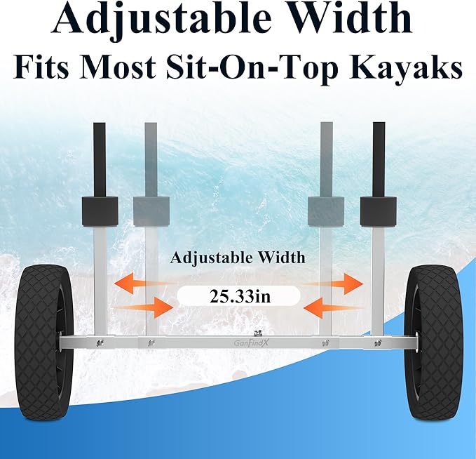 GanFindX Heavy Duty Kayak Cart | Adjustable Foldable Trolley with Durable Wheels, Portable Kayak Transport Cart, Tie-Down Straps