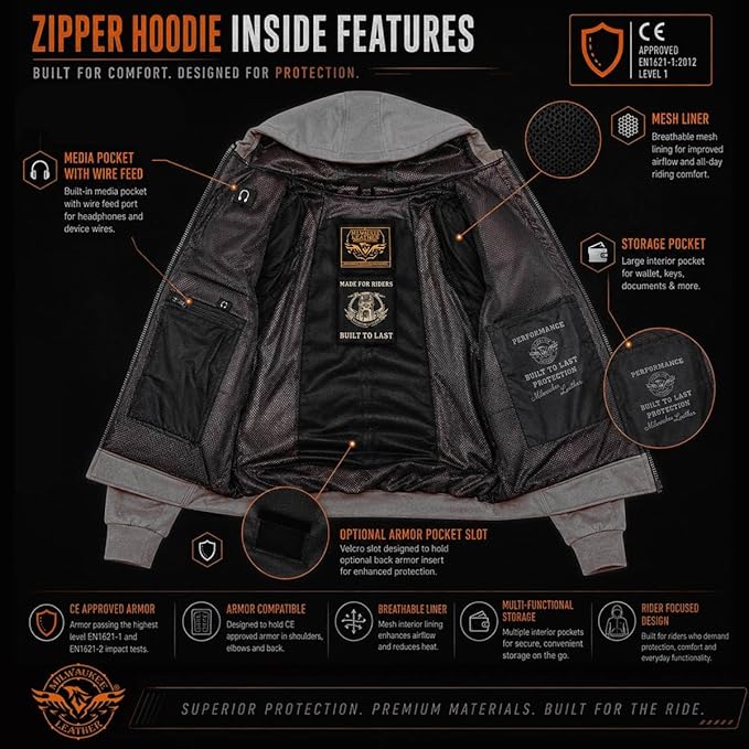 Milwaukee Leather Men's Streetguard Riding Hoodie - Aramid Reinforced with CE Shoulder and Elbow Armor - 5X-Large Black