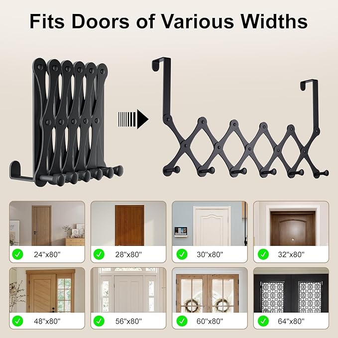 Expands Over The Door Hook Rack, Heavy Duty No Drill Hooks for Bathroom, Bedroom, Kitchen, Closet - Over The Door Hanger for Towels, Robes, Bags, Coats(Black)