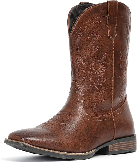 IUV Cowboy Boots For Men with Wide Square Toe Western Retro Boot Durable Classic Fashionable Embroidered Pull On Slip Resistant Boots