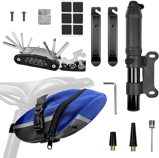 Bicycle Seat Bag Water Proof with Bike Tool Kit, Bike Repair Kit with Bike Tire Pump Blue Bicycle Repair Bag Portable Wrenches Glueless Tire Patchs 15 in 1