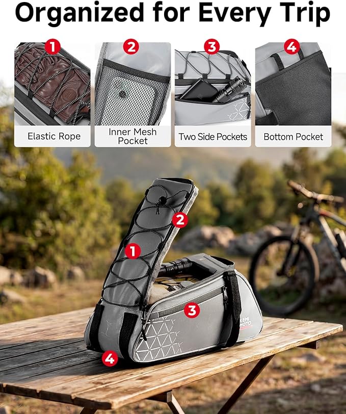 KEMIMOTO Rear Bike Rack Bag, 8L Full Reflective PVC Water Resistant Bicycle Trunk for Road and Mountain Bikes, Ebike Rack Bag with Side Pockets for Cycling Travel Commute