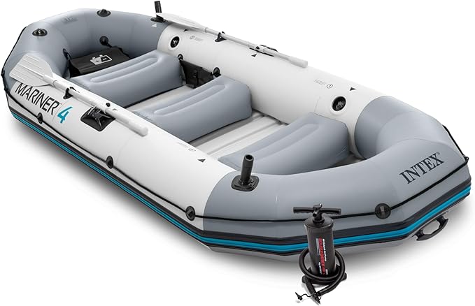 INTEX 68373EP Mariner 3 Inflatable Boat Set: Includes Deluxe 54in Boat Oars and High-Output Pump – Wear-Resistant Keel – Removable Fishing Rod Holders – 3-Person – 880lb Weight Capacity
