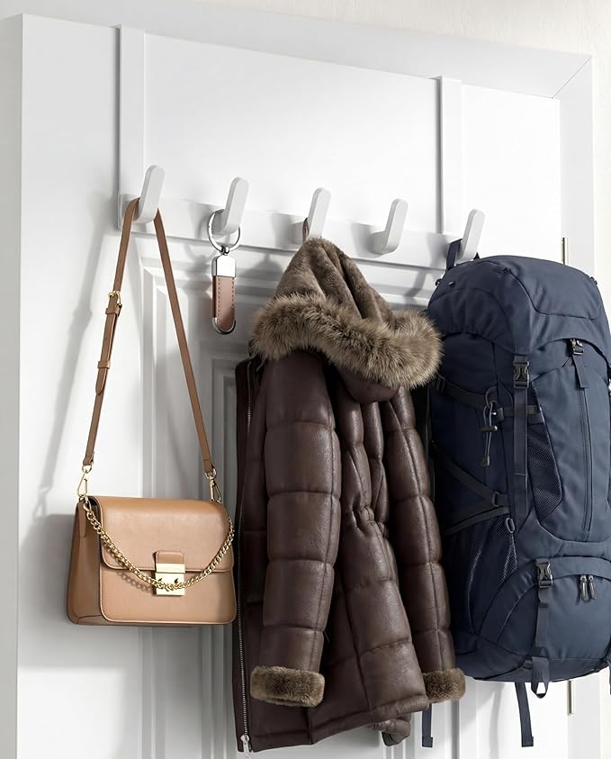 KitchLife Over The Door Hooks - Heavy Duty 5-Hook Organizer, 80lb Total Capacity for Robes, Coats & Towels, Fits 1 3/8" Doors, L18U, Gap-Free & Scratch-Free Design, White,1-Pack