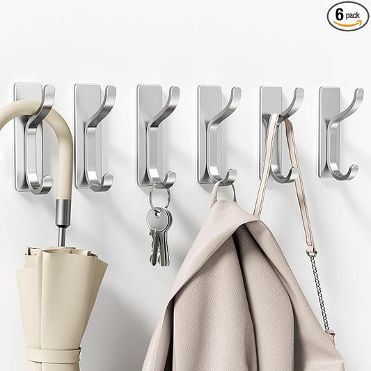 niffgaff Wall Hooks for Coat and Towel: 13lb Adhesive Door Hanger Stick On, Sticky Hook for Wall, Closet, Bathroom - Silver, 6 Pack
