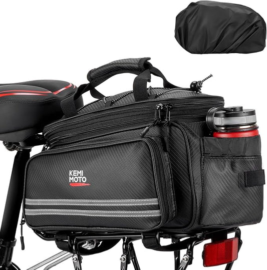 KEMIMOTO 20L Bike Bag Rear Rack with Waterproof Rain Cover, Carbon Leather Bike Trunk Bag Pannier Handbag for Bicycle, Ebike, Storage Cargo Mountain Road Bike Commuter
