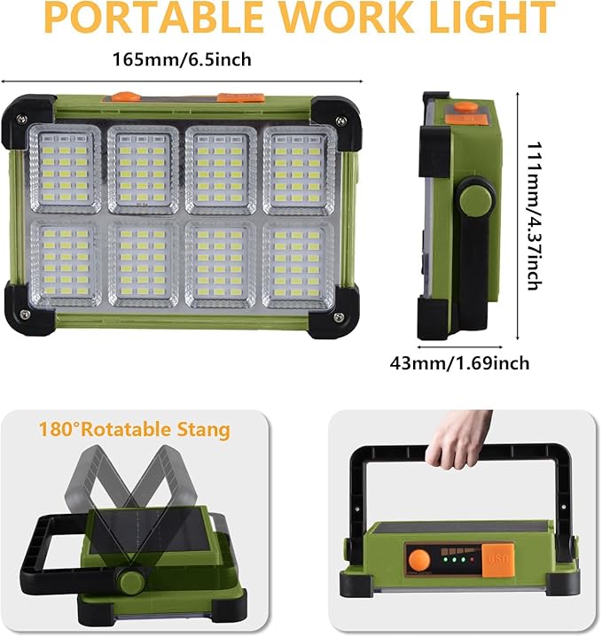 120Wソーラー充電式作業灯、144LEDポータブル投光器スタンド付き、IP66防水4モードLED作業場照明懐中電灯、整備、キャンプ、釣り、自動車修理用（グリーン1個）