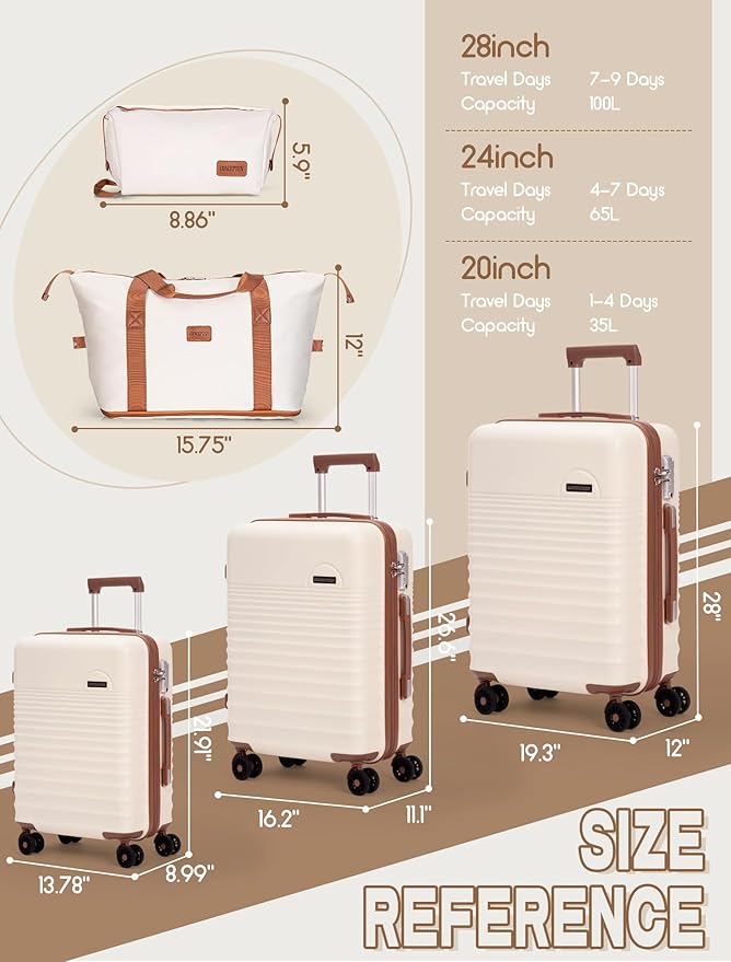 5点セットスーツケース 車輪付き、ハードシェル、TSAロック付きABS機内持ち込み可能、旅行用スーツケース