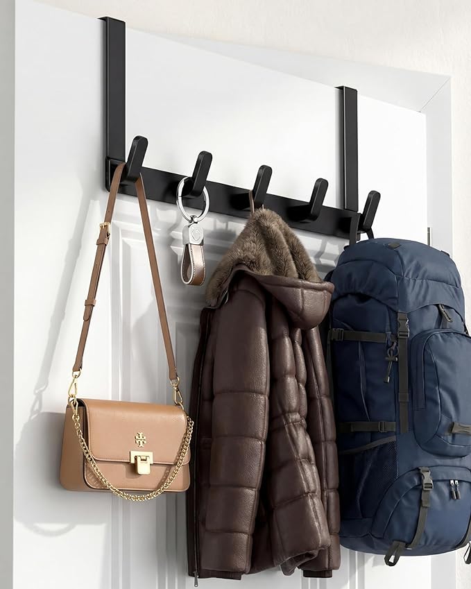 KitchLife Over The Door Hooks - Heavy Duty 5-Hook Organizer, 80lb Total Capacity for Robes, Coats & Towels, Fits 1 3/8" Doors, L18U, Gap-Free & Scratch-Free Design, Black,1-Pack