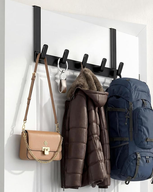 KitchLife Over The Door Hooks - Heavy Duty 5-Hook Organizer, 80lb Total Capacity for Robes, Coats & Towels, Fits 1 3/8" Doors, L18U, Gap-Free & Scratch-Free Design, Black,1-Pack