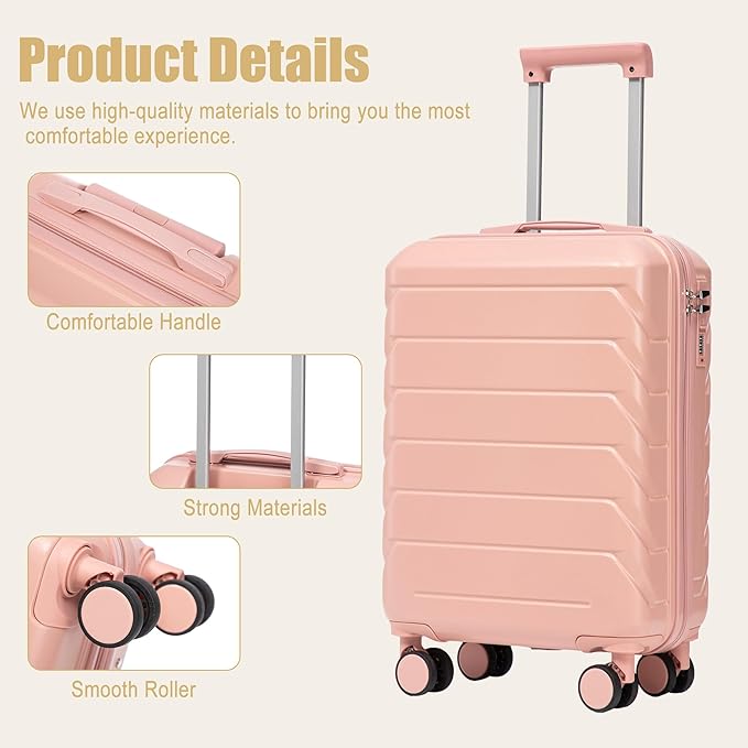 20 Inch ABS Hard Shell Travel Checked Luggage With Combination Lock, Pink