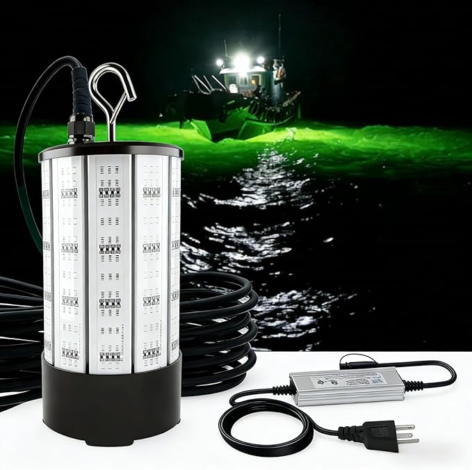 Underwater Fishing Light 120W 15000LM, 530nm Green Submersible Fish Attractant Light with 30FT Cord, 100–240V AC to 12V DC Adapter, 40FT Safety Cable, for Night Fishing, Dock, Boat