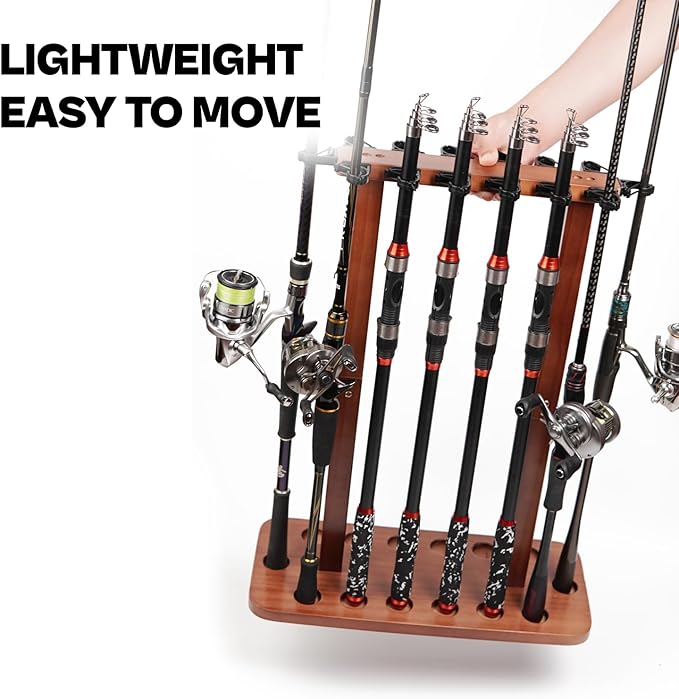 Fishing Rod Storage Racks, 100% Wood Floor Stand Fishing Pole Holders for Garage of 14 Rods or Combos
