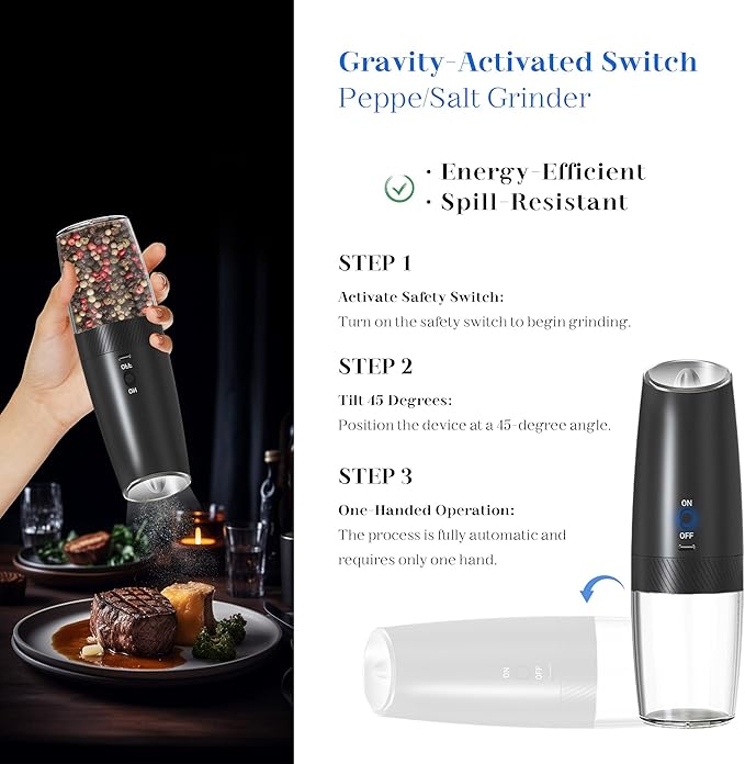 Rechargeable Salt And Pepper Grinder Set, Gravity Electric Salt And Pepper Grinder Set Electric, Salt And Pepper Shakers Set Electric, Adjustable Coarseness, LED Light, (Black+Black)