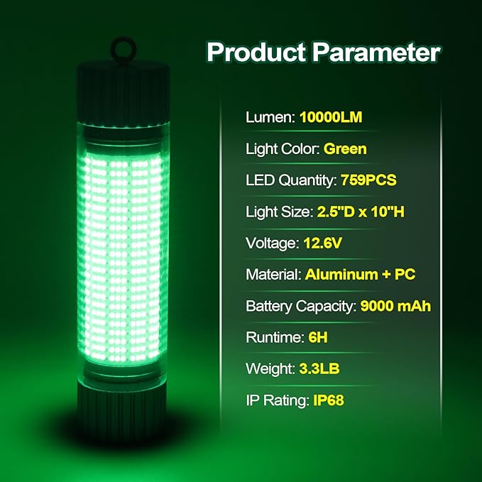 Underwater Fishing Light Battery Powered, Rechargeable LED Fish Green Light Attractants, 9000mAh Capacity, IP68 Waterproof Submersible Fishing Lights for Fresh & Salt Water