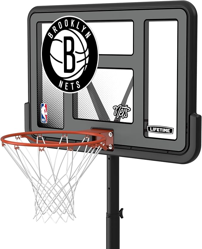 Lifetime NBA Brooklyn Nets Portable Basketball Hoop, Adjustable Height 7.5-10 Ft, 44 Inch Shatterproof Fusion Backboard, Base with Wheels