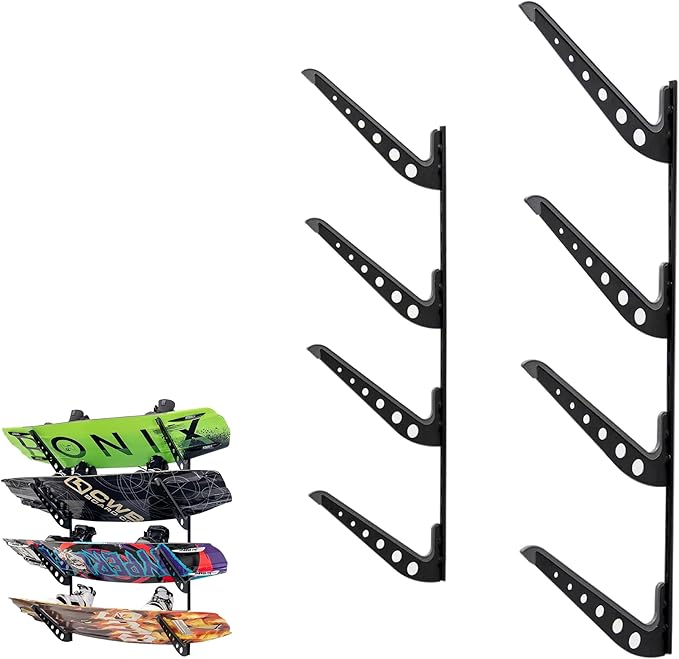 StoreYourBoard Adjustable Wakeboard Storage Rack – Wall Mount 4 Level Display, Heavy Duty Water Sports Gear Hanger for Wakeboards, Wakesurf Boards, and More, Holds up to 100 lbs
