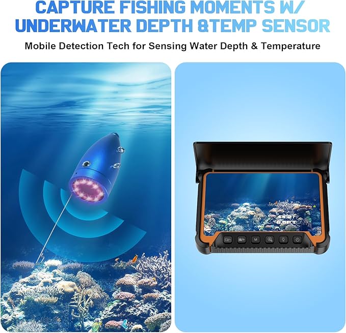 水深温度センサー付き水中釣りカメラ、7インチHD魚群探知機カメラ100ftロングケーブルIR LEDナイトビジョン広角レンズラインカメラ カヤック湖ボート氷釣りポータブル魚群探知機