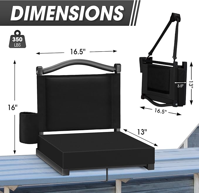 Fragess Bleacher seat, Stadium Seats with Back Support and Thick Cushion, Bleacher Chairs with Shoulder Strap and Side Pocket, Stadium Seat for Bleachers, Perfect for Sports Events(Black)
