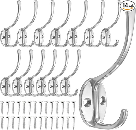 14 Pack Coat Hooks Wall Mounted with 28 Screws, Heavy Duty Silver Towel Hooks Metal Double Hooks, No Rust Retro Rustic Wall Hooks for Hanging Towel, Coat, Scarf, Bag, Hat, Cup, Key