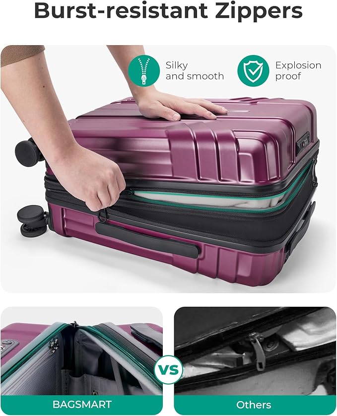 BAGSMART 拡張可能機内持ち込みスーツケース 22x14x9 航空会社承認、20インチ スピナーホイール付き旅行用スーツケース、軽量ハードシェル 機内持ち込み パープリッシュレッド