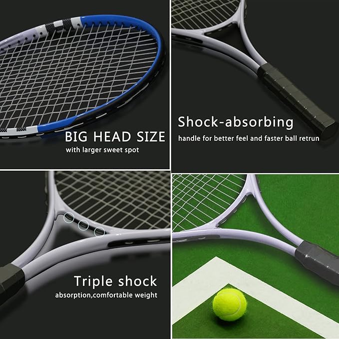Tennis Racket Pre-Strung Lightweight 27 Inch Racquet Recreational Adult Rackets for Men Women Students Training Tennis Starter Kit with Balls,Carry Bag and Overgrips