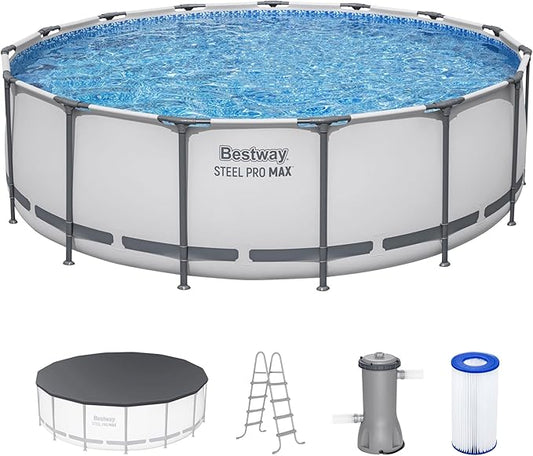 Bestway スチールプロ MAX 15フィート x 48インチ 地上プール、ラウンドメタルフレーム屋外スイミングプールセット（フィルターポンプ、はしご、カバー付き）、グレー