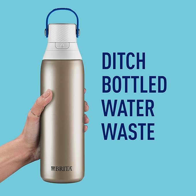 Brita ステンレス製プレミアム浄水ボトル、BPAフリー、再利用可能、断熱、プラスチック製水ボトル300本分相当、フィルター寿命2ヶ月または40ガロン、フィルター1個付き、ステンレス - 20オンス