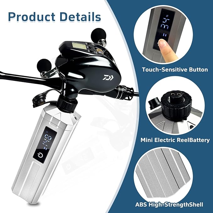 Super Mini Electric Fishing Reel Battery. Latest Model with Digital LED Display. Compatible with Daiwa & Shimano Electric reels.