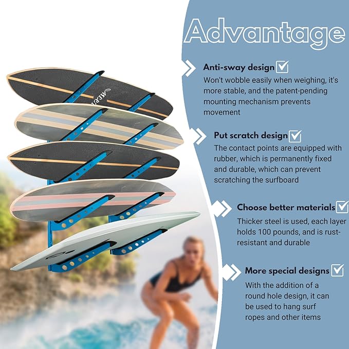 ShouRong Snowboard Wall Mount, Adjustable 5/6 Board Surfboard Rack, Surfboard Wall Hangers for Surfboard, Wakeboard, and Snowboard Storage at Home or Garage