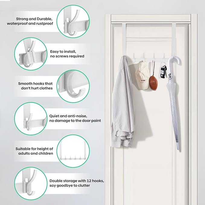 2 Pack Over The Door Hooks - NO NAIL over door hanger holder,NO ASSEMBLY REQUIRED large over the door towel rack with 12 hooks, heavy duty hooks for bathroom,bedroom,hanging towels,coats (White)