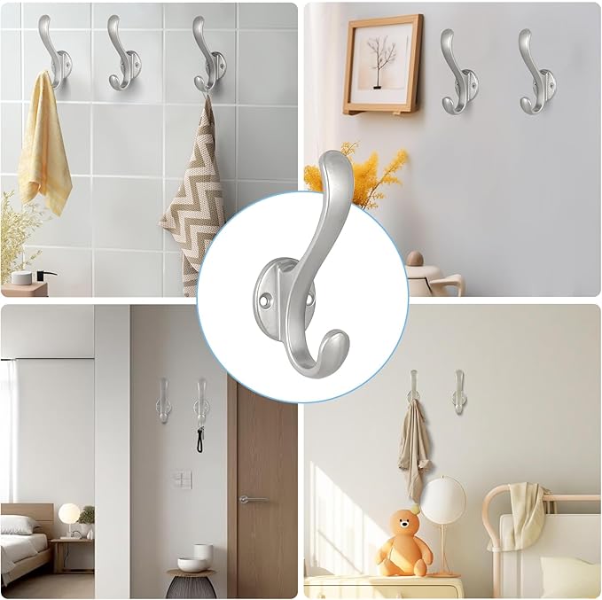 4 Pack Coat Hooks Wall Mount Heavy Duty Utility Retro Double Hooks for Hanging Coats,Hat, Towel, Key, Robe, Scarf, Bag, Cap (Silver)