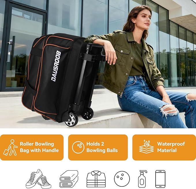2 Ball Bowling Bag with Wheel,900D Oxford Waterproof PU,Dual Roller Bowling Bag with Sturdy Frame,Large Shoe Compartment Fits Up to Men’s 16,Rolling Bowling Tote, Handle Extends to 39.5"