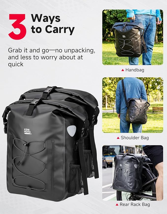 KEMIMOTO Bike Pannier Waterproof 2-Pack, 60L Bicycle Saddle Bag for Rear Rack, Side Storage Bag with Laptop Compartment & Reflective, PVC Air-Tight Material – Commuting Touring Grocery Shoulder Carry