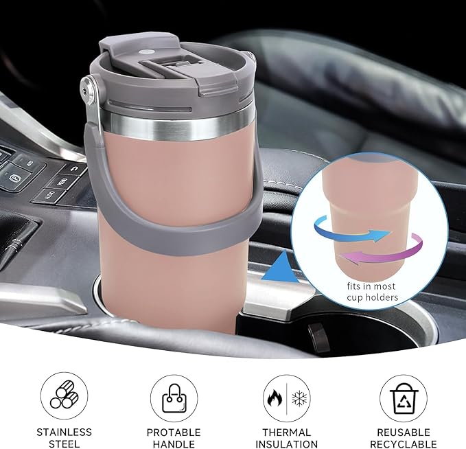 TYESO Tumbler with Handle,Tumbler with Straw, Vacuum Insulated Water Bottle,Double Wall Stainless Steel Coffee Cup Travel Mug Leak Proof Flip (Pink, 40 oz)