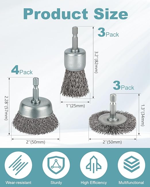 10 Pcs Wire Brush for Drill, Coarse Carbon Steel Crimping Wire Wheel Brush, 1/4 Inch Hex Shank, Cup Brush Drill Bit for Cleaning Rust, Stripping and Abrasive