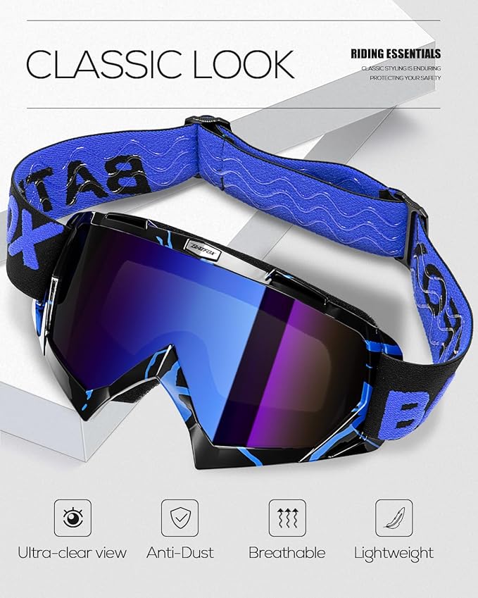 Motorcycle Glasses Goggles Dirt Bike Motocross Safety ATV Tactical Riding (Blue Black, Adult)