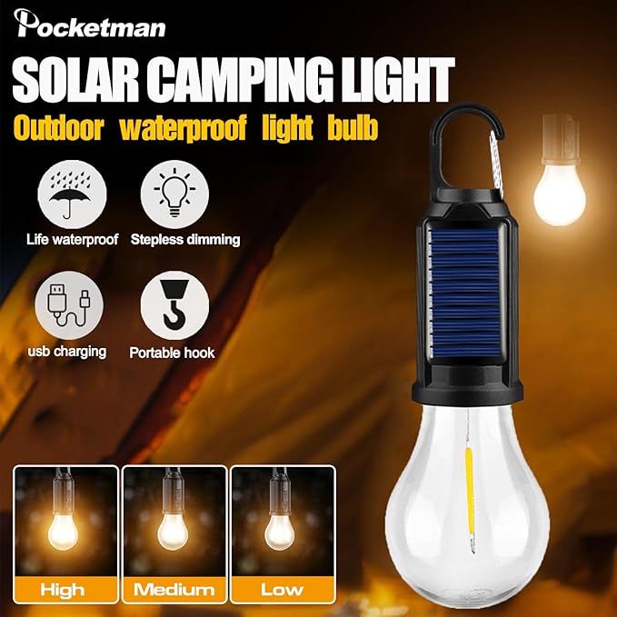 Solar Tent Camping Light Bulb Rechargeable Portable LED Camping Lantern3 Lighting Modes Tungsten Light Tent Lamp with Clip Hook for Camping, Hiking, Backpacking, Emergency Outage (T03)